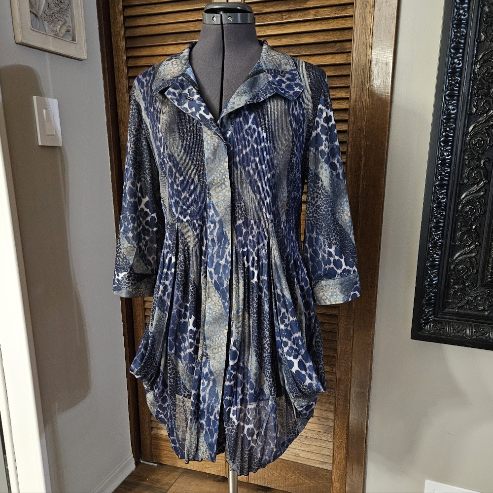 Blue Animal Print Button-Up Blouse.